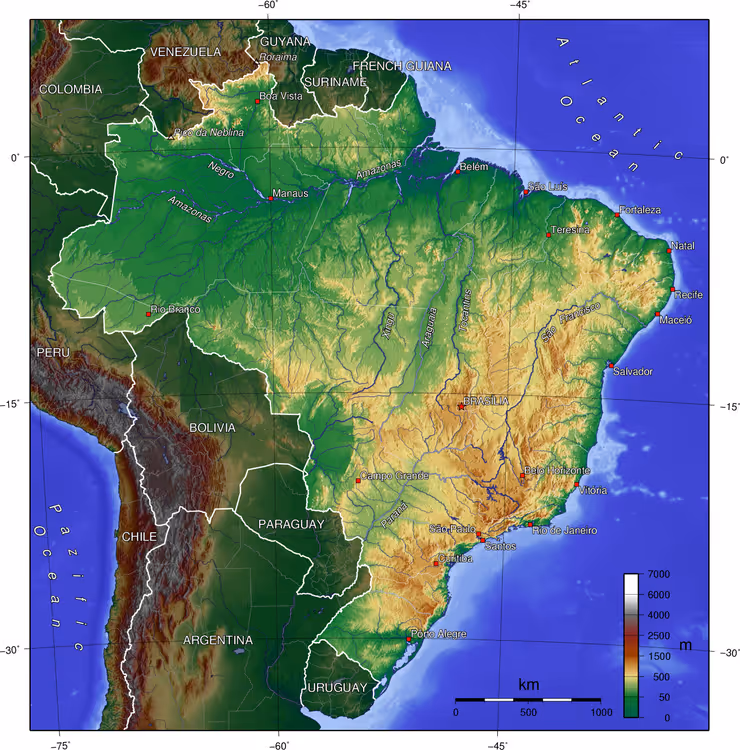 Topografische Reliefkarte von Brasilien und den Nachbarländern