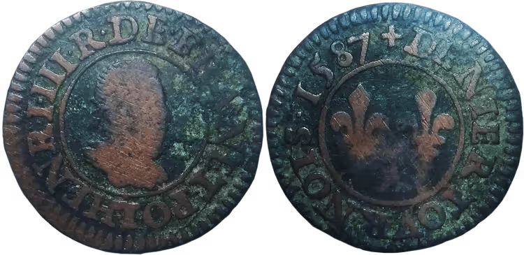 Sølvmynt av typen denier tournois, 1587