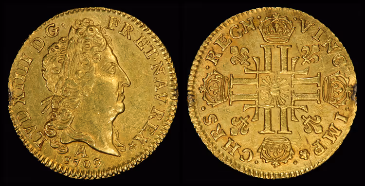 Gullmynt av typen louis d'or fra Ludvig XIV, 1709