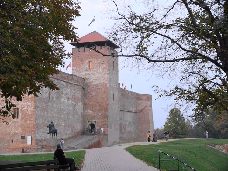 Bakstenen kasteel van Gyula met toren en vlaggen