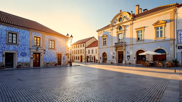 Leerer gepflasterter Platz bei Sonnenaufgang mit einem blau gekachelten Haus und einer Barockfassade in einer portugiesischen Kleinstadt
