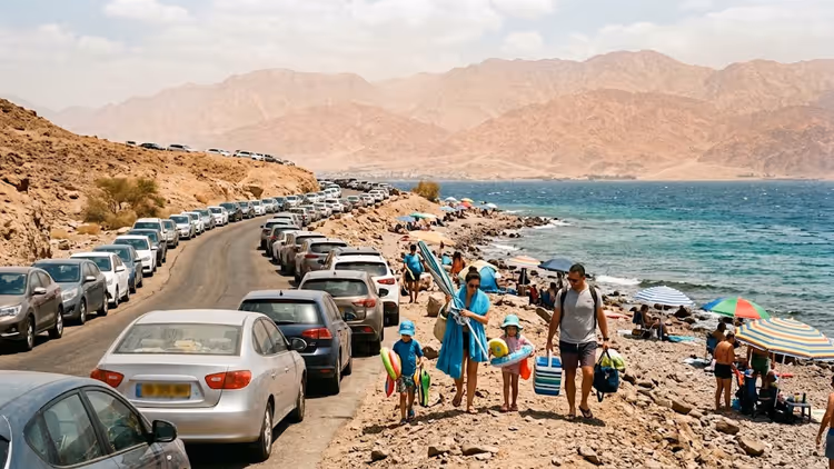 Illustration: Autos parken Stoßstange an Stoßstange an einer Küstenstraße in der Wüste, Familien tragen Strandsachen zum vollen Ufer