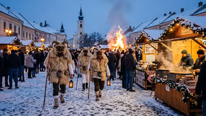 Illustration: Gestalten in gehörnten Holzmasken und Schaffellumhängen überqueren einen verschneiten Platz mit Feuer und Marktständen