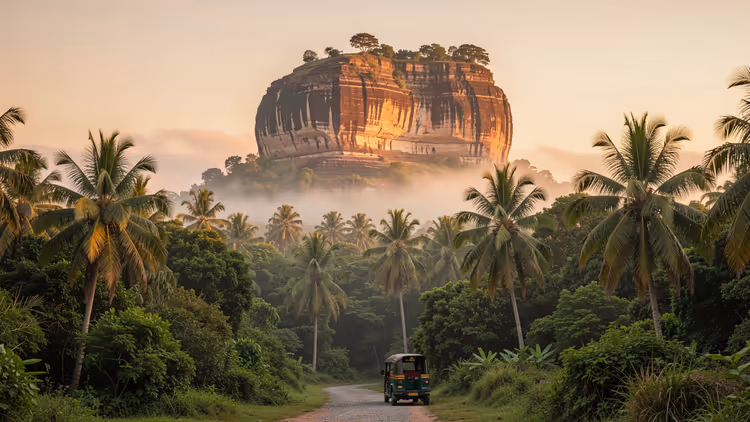 Tuk-Tuk auf einem palmengesäumten Feldweg zu einer Felsenfestung mit flachem Gipfel über nebligem Dschungel in Sri Lanka