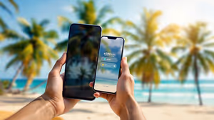 Zwei Hände mit Smartphones, eines zeigt eine aktive eSIM auf dem Display, vor einem tropischen Strand mit Palmen