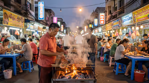 Verkäufer grillt Spieße über Holzkohle auf einem abendlichen Straßenmarkt in Pattaya, ringsum Gäste an blauen Tischen