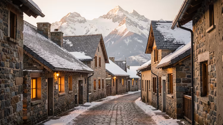 Kopfsteinpflastergasse zwischen leicht verschneiten Steinhäusern mit erleuchteten Fenstern vor einem Schneegipfel, Symbolbild für Ordino, Andorra