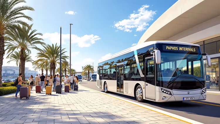 Moderner weißer Stadtbus an der Haltestelle am Flughafenterminal, Reisende mit Koffern warten unter Palmen in Paphos
