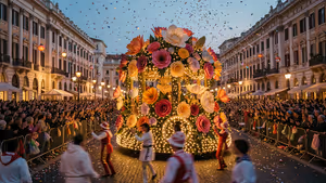 Karnevalswagen aus riesigen Papierblumen mit Lichterketten, kostümierte Tänzer und Zuschauer hinter Absperrungen in Nizza
