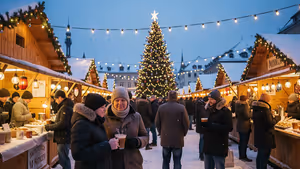 Verschneiter Weihnachtsmarkt in München in der Dämmerung mit Holzbuden, Lichterketten, Christbaum und Besuchern mit Glühweintassen