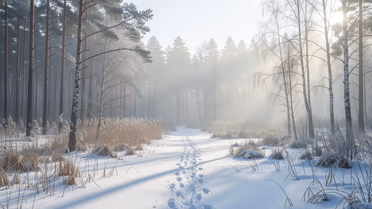 Fußspuren im Schnee führen durch einen nebligen Winterwald aus Kiefern und Birken mit trockenem Schilf im tiefen Sonnenlicht