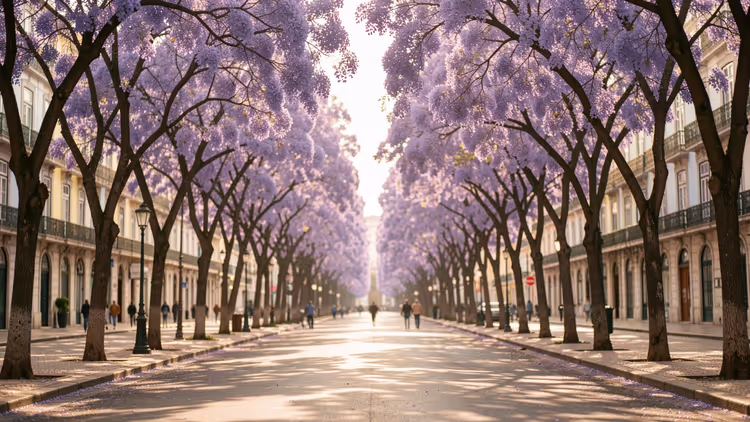Allee mit violett blühenden Jacarandabäumen, Fußgänger im gesprenkelten Frühlingslicht in Lissabon