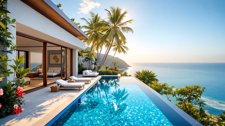 Villa am Hang mit Infinity-Pool aus blauem Mosaik, Sonnenliegen und Palmen mit Blick aufs Meer, Illustration zu Koh Samui