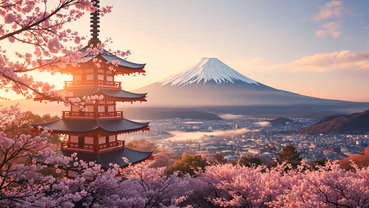 Rote Pagode, eingerahmt von Kirschblütenzweigen, mit schneebedecktem Fuji und einer Stadt im nebligen Tal bei Sonnenaufgang, Japan