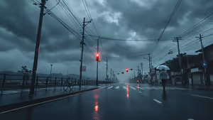 Person mit Regenschirm überquert eine nasse, leere Straße unter dunklen Gewitterwolken und einem Gewirr von Stromleitungen in Japan