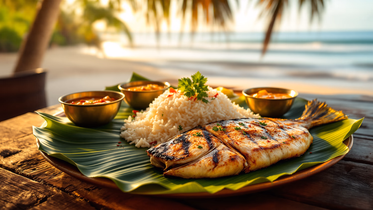 Illustration: gegrillter Fisch mit Reis und Curryschälchen auf einem Bananenblatt, serviert an einem Strandtisch unter Palmen in Goa