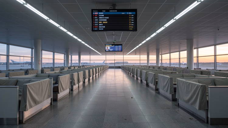 Leere Flughafenhalle mit abgedeckten Check-in-Schaltern, einer Abflugtafel darüber und Flugzeugen draußen in der Dämmerung