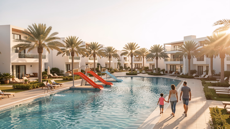 Familie geht an einem Resortpool mit Kinderrutschen, Palmen und niedrigen weißen Hotelgebäuden in Ägypten entlang