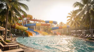 Bunte gewundene Wasserrutschen münden in einen großen Pool, gesäumt von Palmen und Sonnenliegen im dunstigen Sonnenlicht