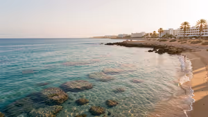 Klart turkist grunt vann med korallsteiner langs en sandstrand, med hvite hoteller og palmer i Egypt