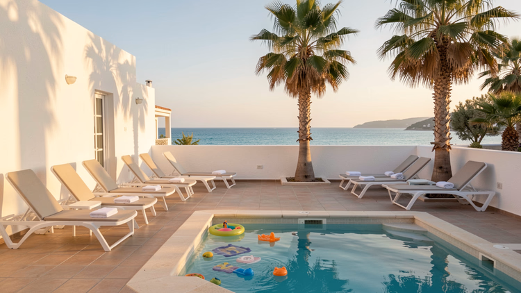 Kleiner Pool mit aufblasbarem Kinderspielzeug auf einer weißen Terrasse mit Liegen und Palmen und Blick aufs Meer