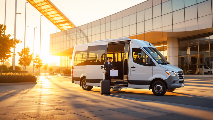 Fahrer mit Koffer neben einem weißen Transfer-Kleinbus mit offener Tür vor einem gläsernen Flughafenterminal bei Sonnenuntergang