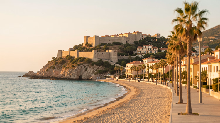 Sandstrand und palmengesäumte Promenade unter einer steinernen Festung auf einer Felsenlandzunge bei Sonnenuntergang, Symbolbild für Alanya