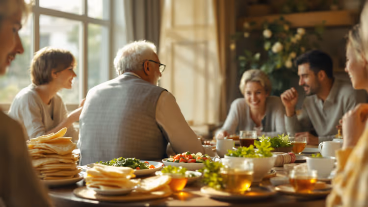 Familie ved et dekket bord