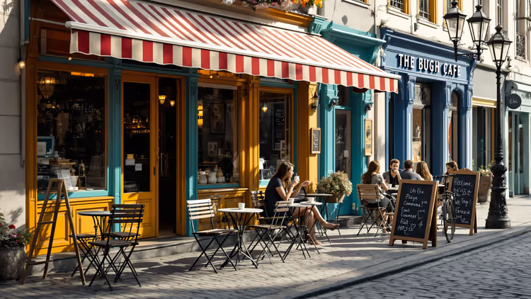 Straßencafé mit runden Tischen