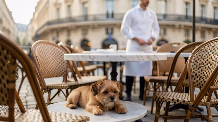 Hond onder een tafel op een terras van een Parijs café