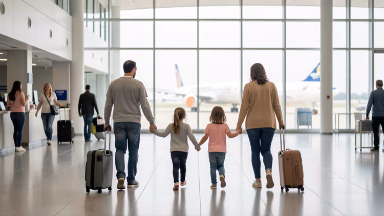 Famiglia con le valigie nel terminal dell'aeroporto