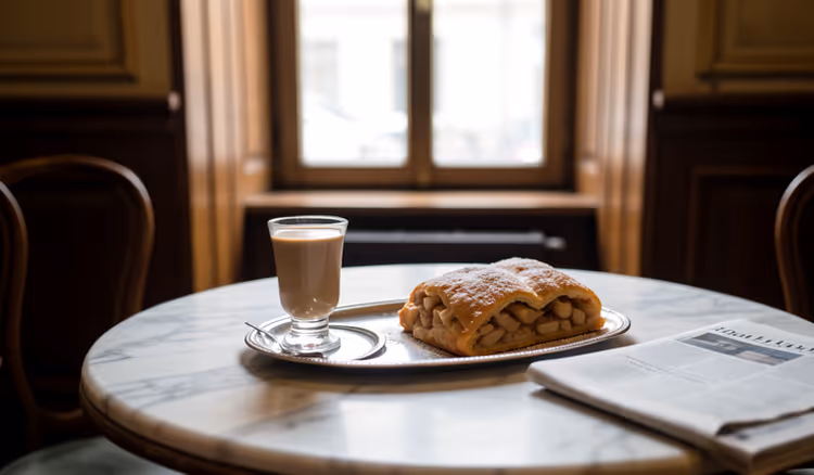 Koffie met melk en strudel in een koffiehuis