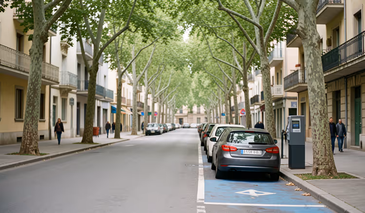 Stadsstraat met parkeren langs de stoeprand