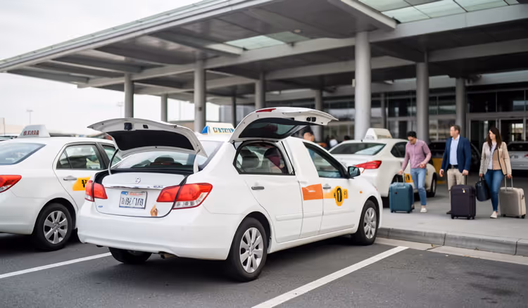 Taxistandplaats buiten de uitgang van de luchthaven