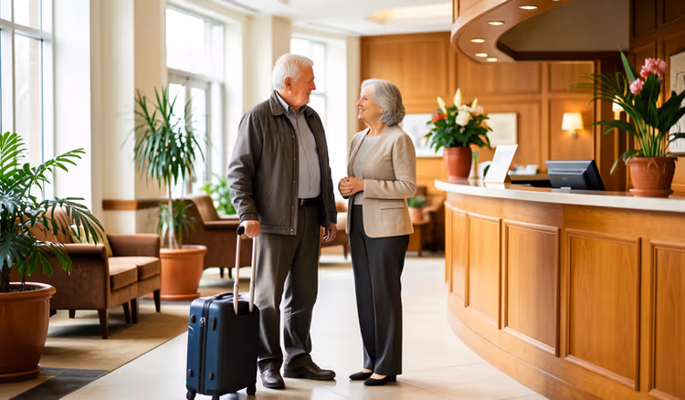 Ouder echtpaar met koffer in hotellobby