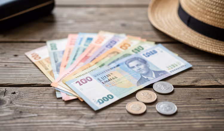 أوراق نقدية وعملات معدنية على طاولة خشبية