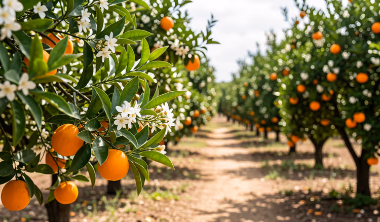 Appelsintrær i blomst om våren