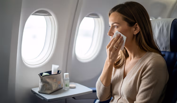 Kvinnelig passasjer som tørker ansiktet med en våtserviett på et fly