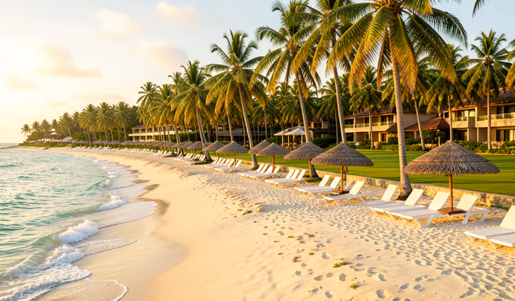 Strand van een resort met ligstoelen en palmbomen