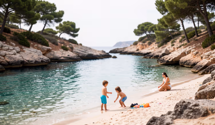 Gezin met kinderen in het ondiepe water van een rustige baai