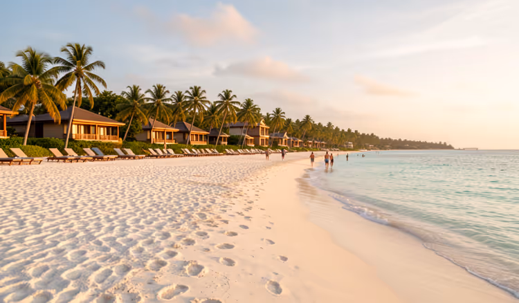 Tropischer Strand mit Hotels zwischen Palmen