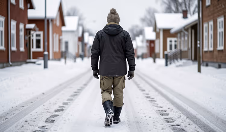 Reisender in warmer Kleidung auf einer schneebedeckten Straße