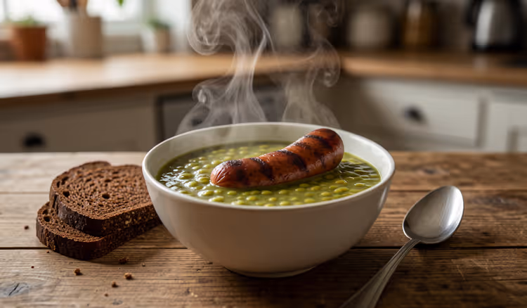 Räucherwurst in Erbsensuppe