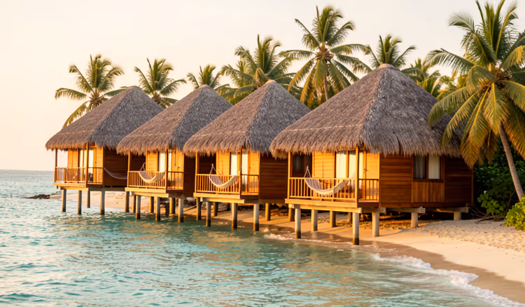 Stelzenbungalow an einem tropischen Strand