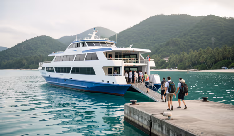 Ferry de passageiros num cais de ilha tropical