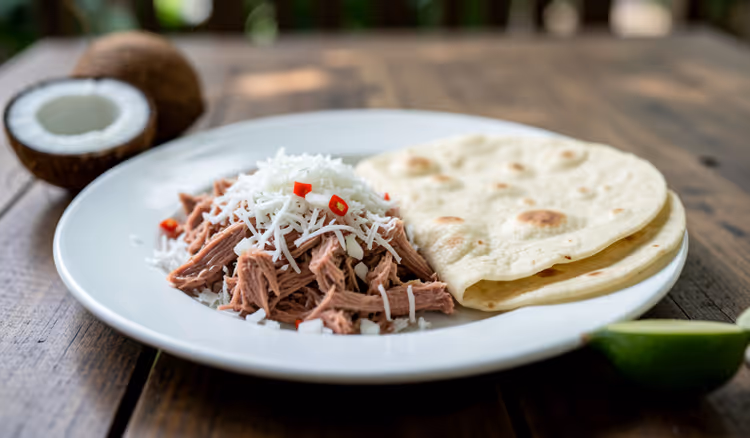 Tuna breakfast with coconut and flatbread
