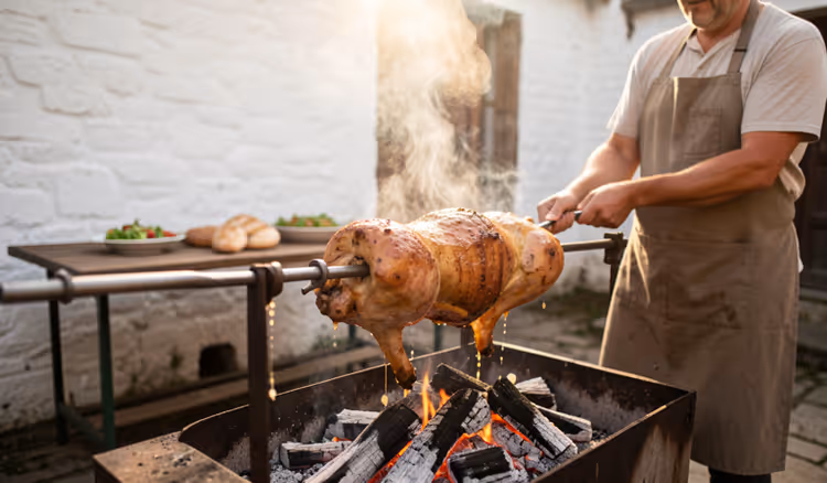 Lamm am Spieß über glühender Kohle