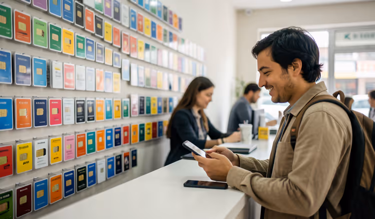 Boutique de téléphonie mobile et vendeur avec un touriste