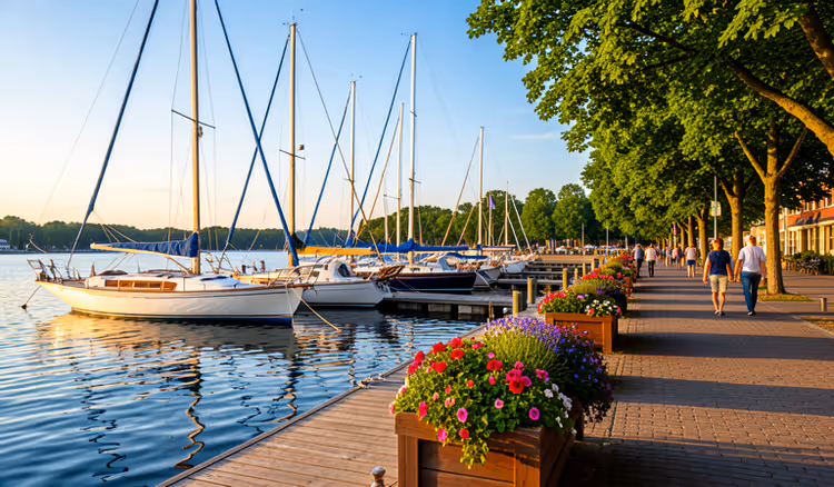 Uferpromenade im Sommer mit Segelbooten