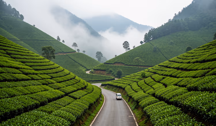 Carretera de montaña entre plantaciones de té